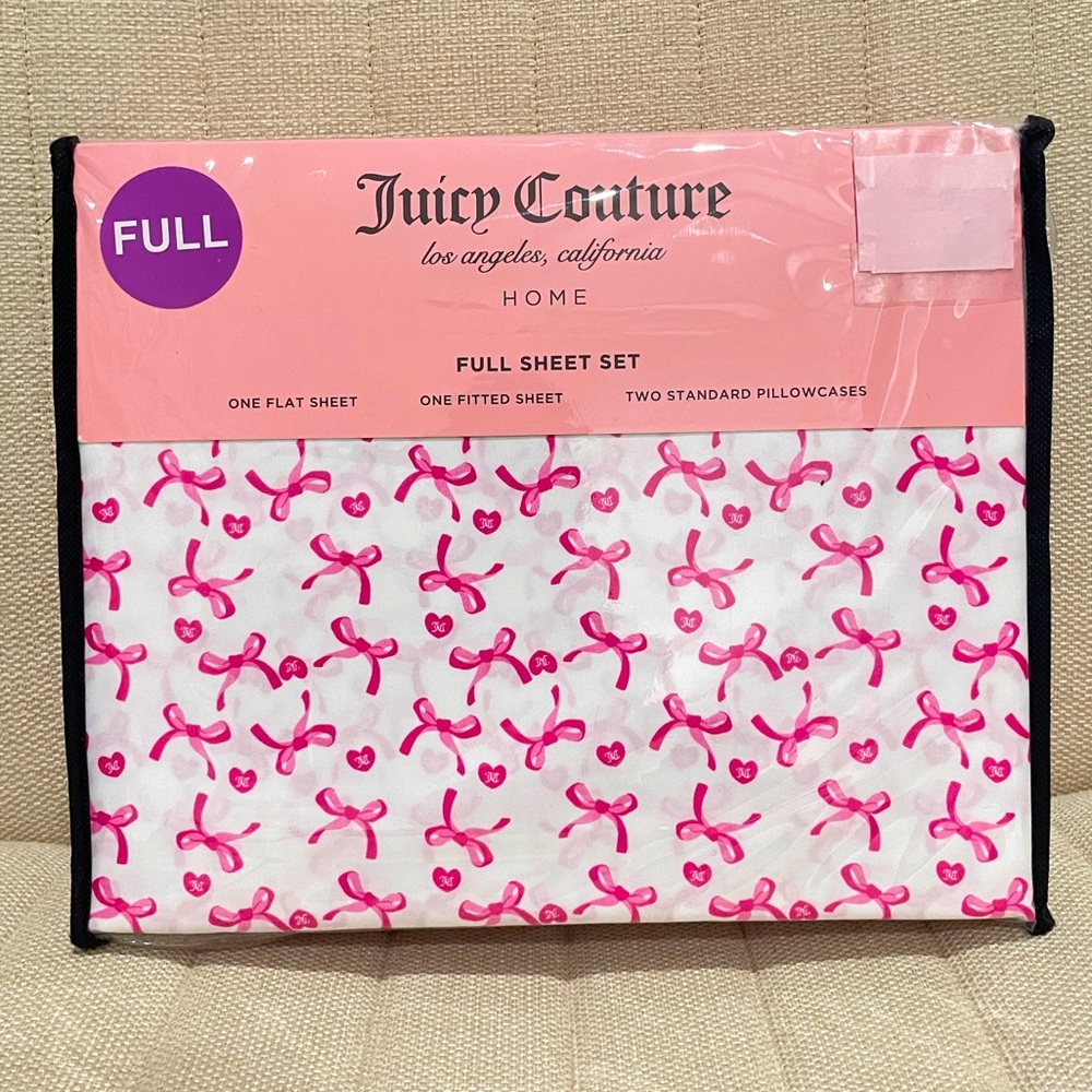 NEW Juicy Couture Full Sheet Set Pink White Bow Heart Print 4 Piece Bedding‎